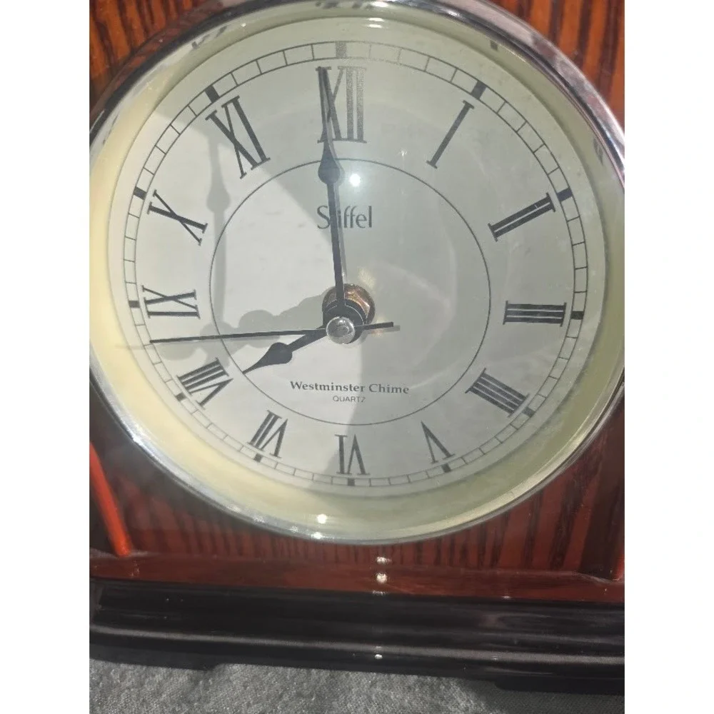 Stiffel Westminster Chime Quartz Mantel Clock Faux Wood Grain Roman Numerals